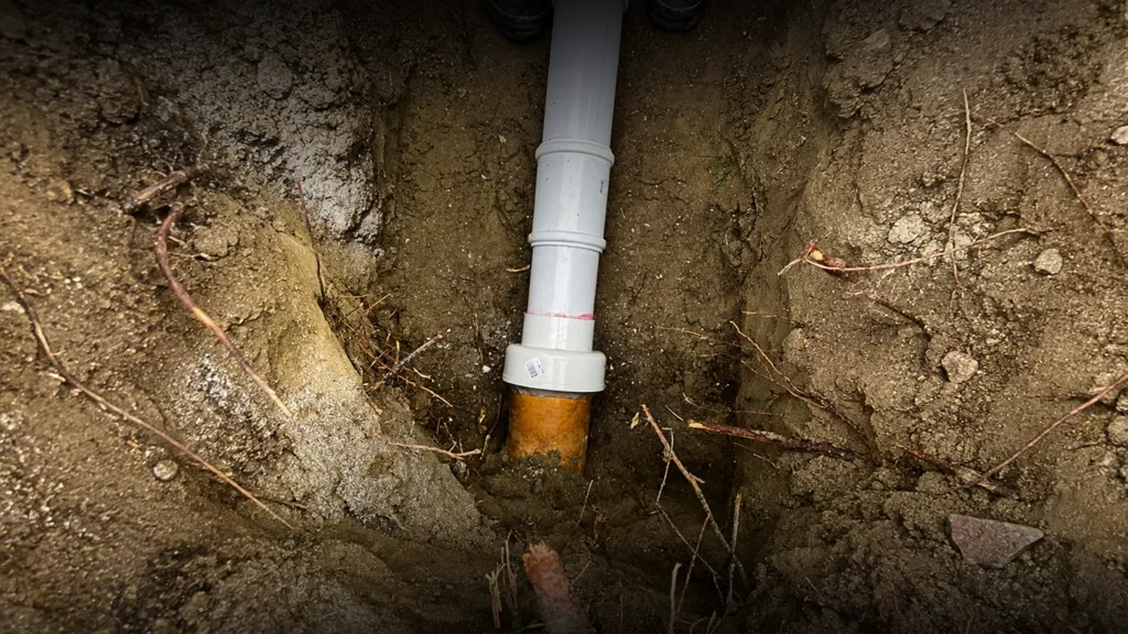 New PVC drain pipe joint installed during a drain repair in a Hamilton trench
