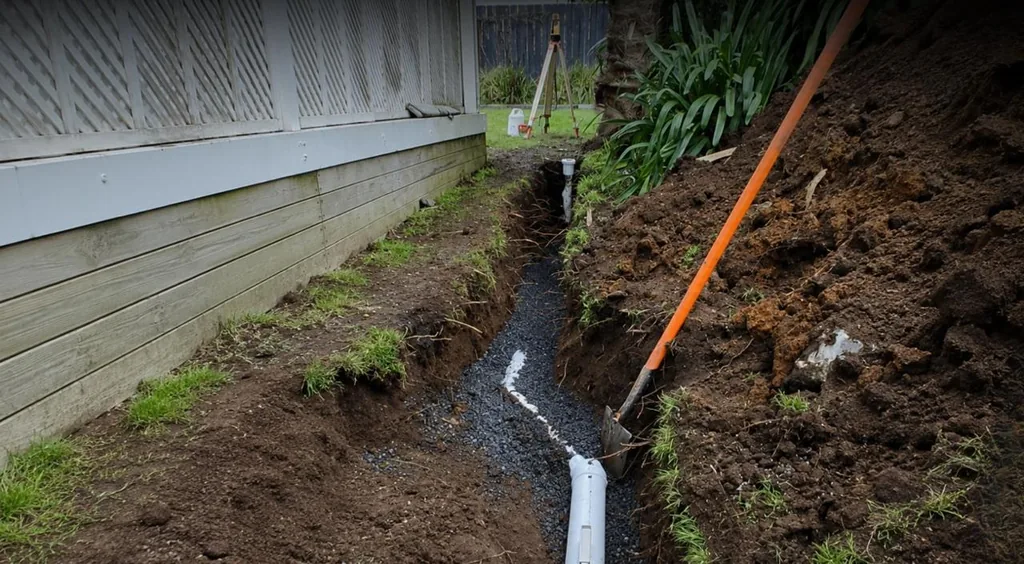 New PVC drainage pipe laid in a gravel bed trench alongside a Hamilton home