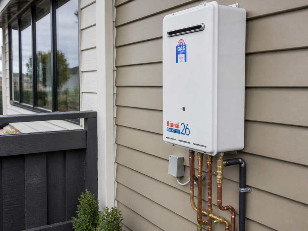 Continuous-flow gas hot water unit mounted on the exterior wall of a Hamilton home with copper pipework
