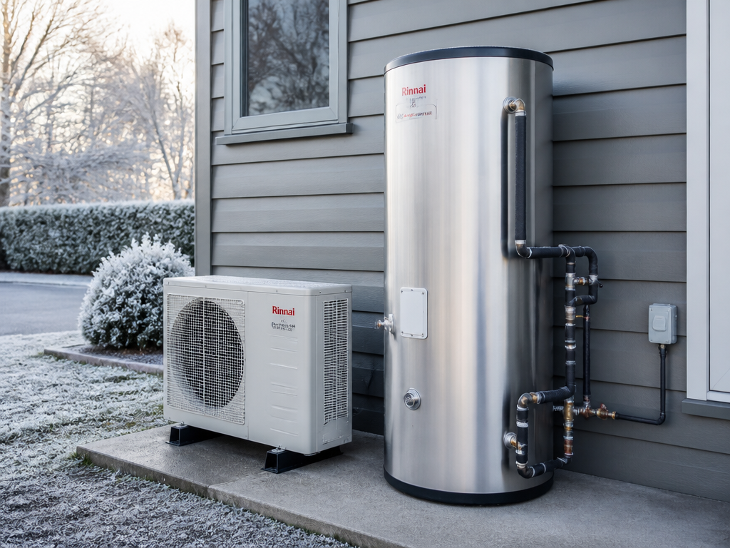 Heat pump hot water system with outdoor unit and stainless cylinder beside a Hamilton home on a frosty morning
