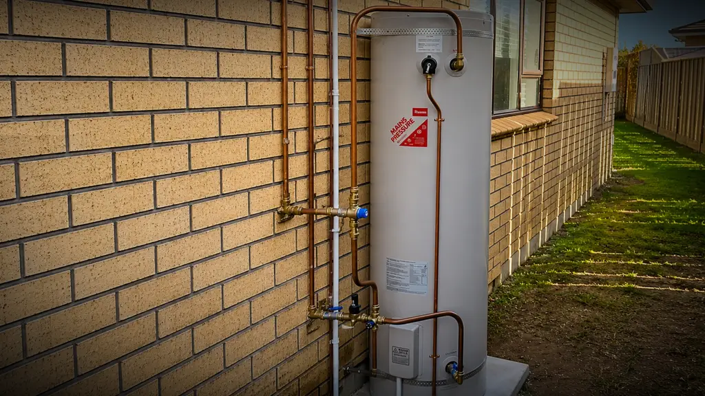 Plumber installing a new mains-pressure hot water cylinder in a Hamilton home