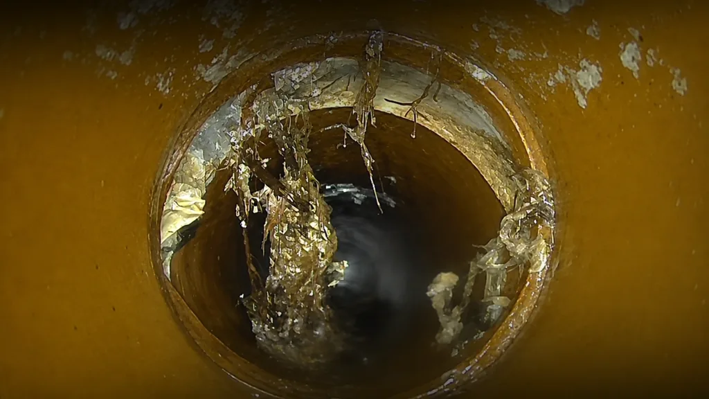 CCTV camera view inside a Hamilton drain pipe showing root intrusion and blockage