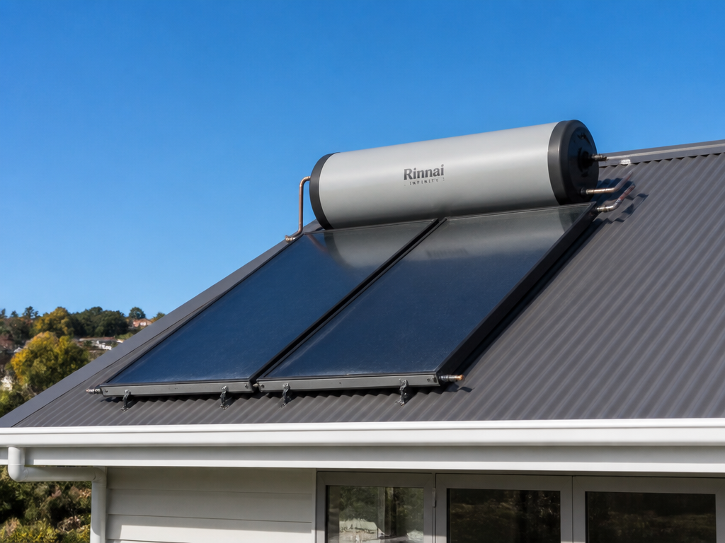 Solar hot water collector panels and rooftop cylinder installed on a Hamilton home roof under blue sky